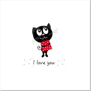 Cute romantic black cat holding red gift box Posters and Art